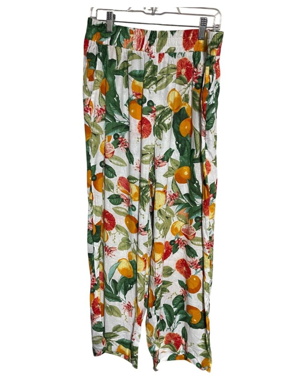 Cynthia Rowley Linen Blend Wide Leg Pants Womens L Citris Fruit Print Resortwear